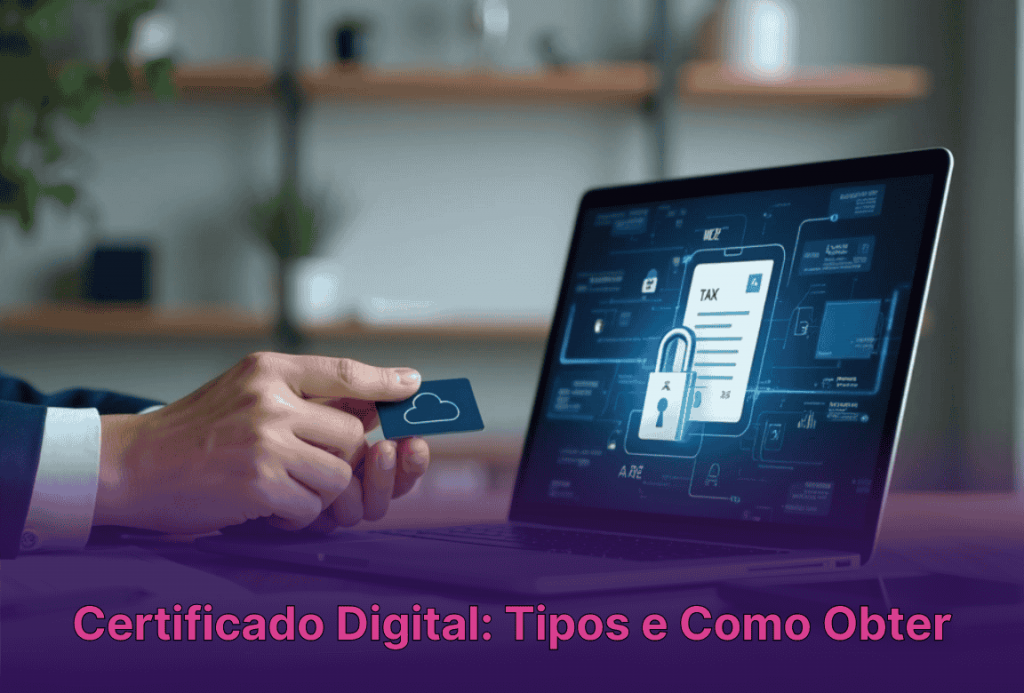 Empresário usando notebook para acessar certificado digital com ícone de cadeado na tela