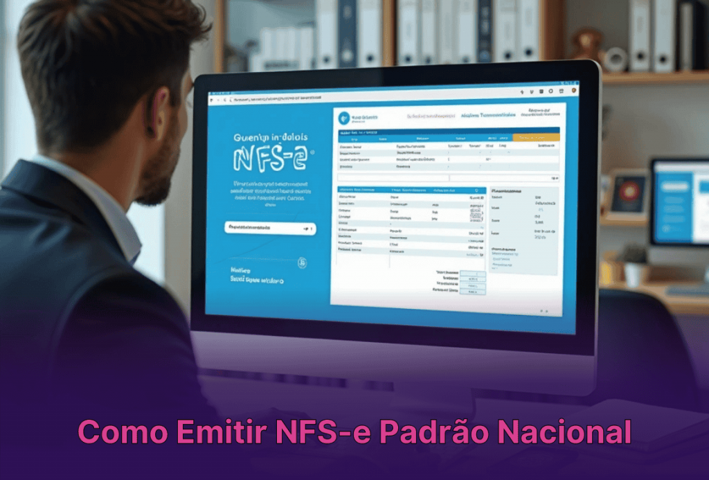 Empresário em escritório emitindo NFS-e padrão nacional no computador