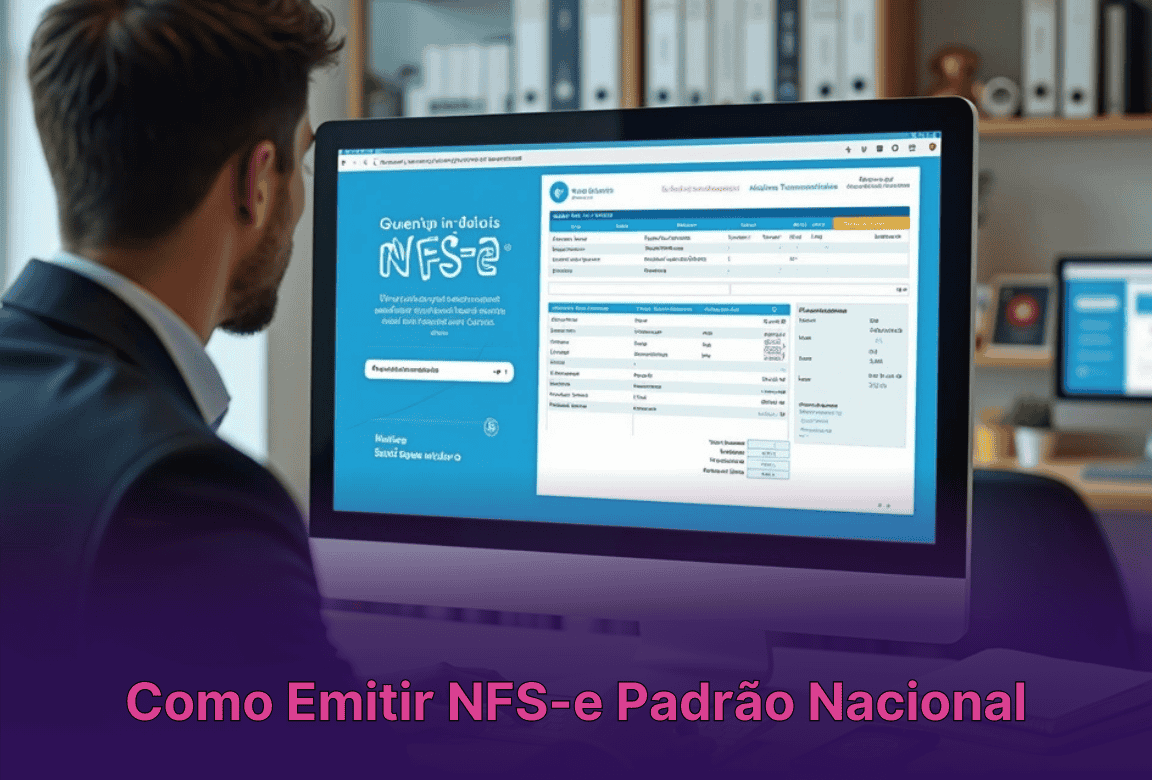 Empresário em escritório emitindo NFS-e padrão nacional no computador
