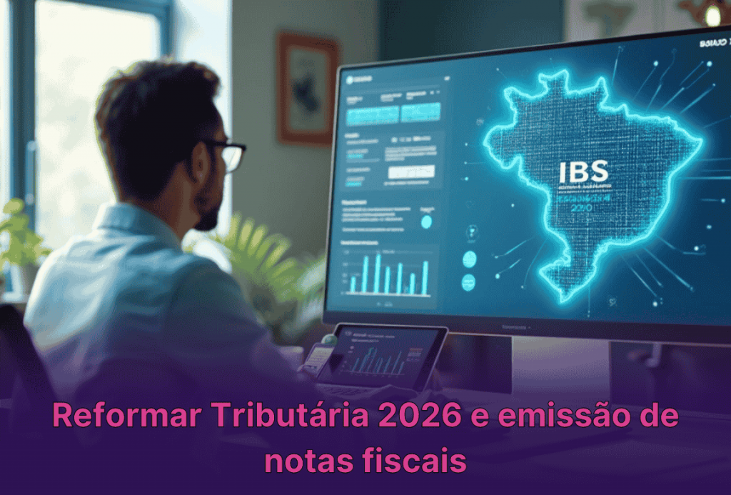 Empresário analisa tela com gráficos fiscais e sigla IBS em destaque